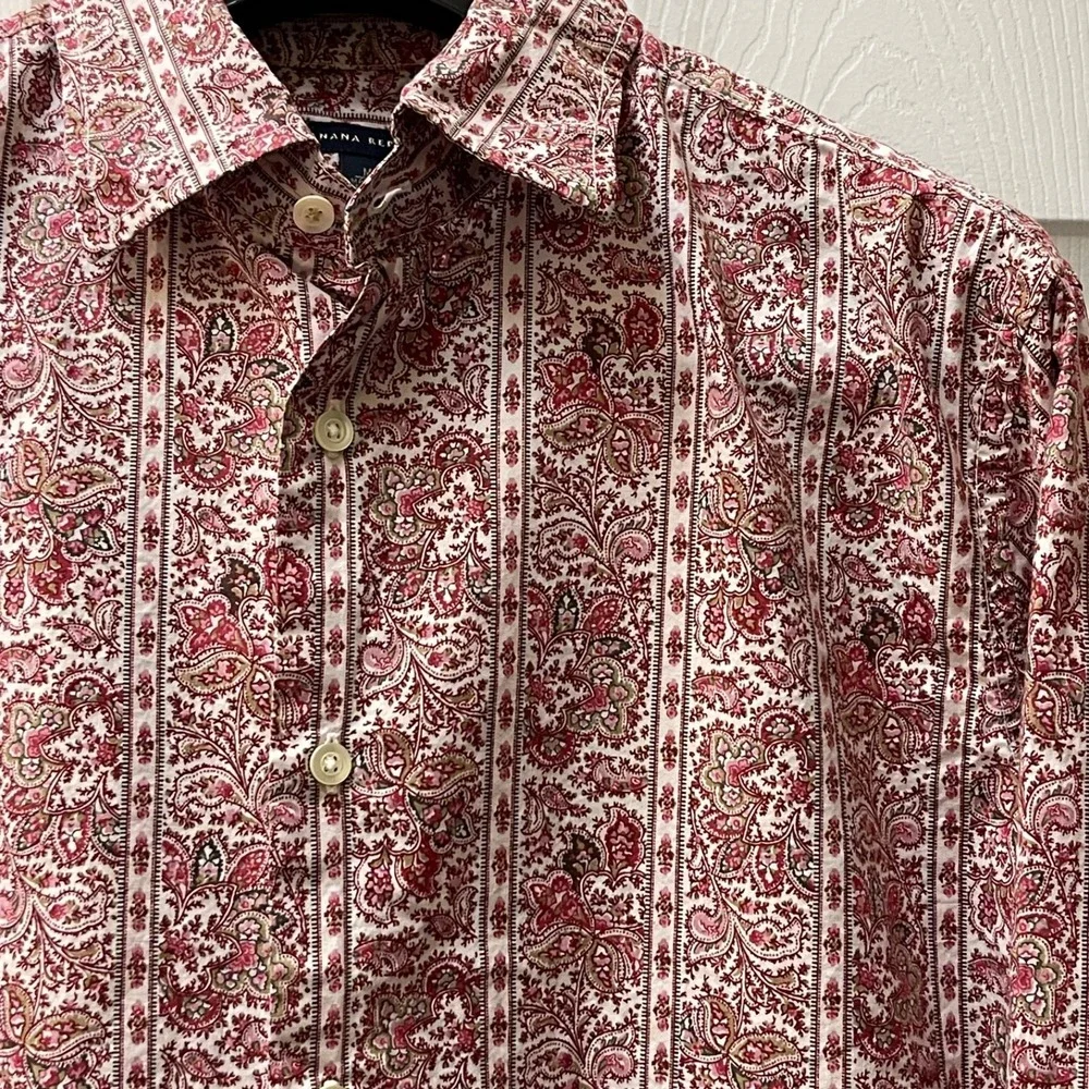 Vintage Banana Republic Men's Medium Red Paisley Striped Cotton Button Up Preppy